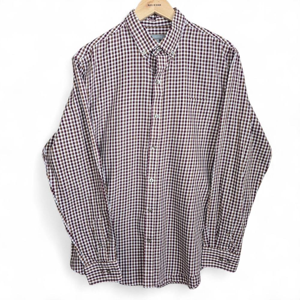 Van Heusen Dress Shirt Mens 15-15.5 Medium Brown Burgundy‎ Button Down Career